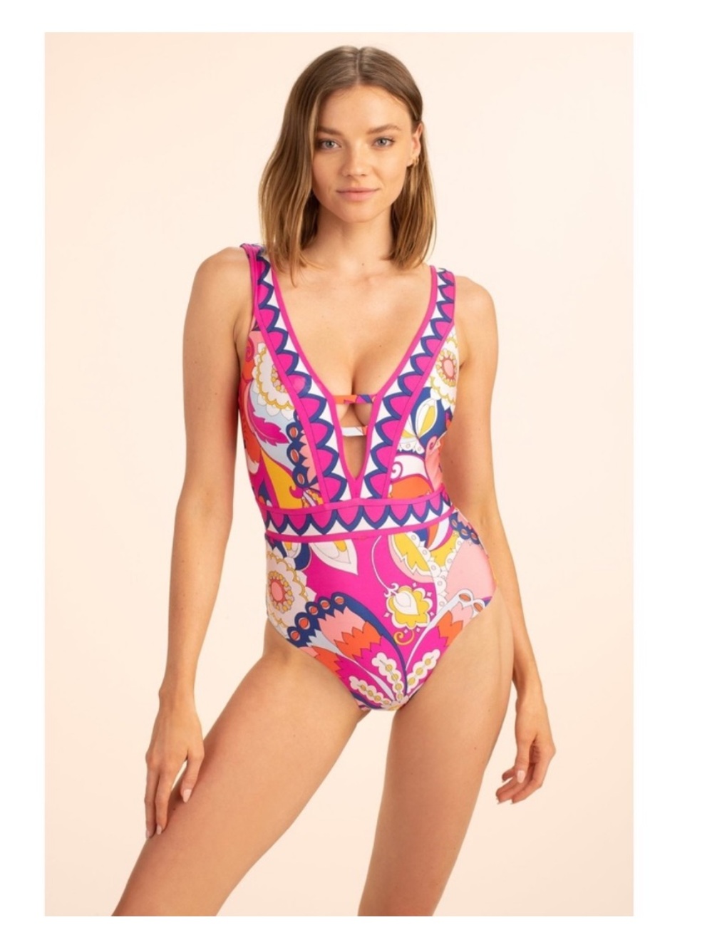 Trina Turk Sevilla Plunge One-Piece Swimsuit Size 8 Retro Psychedelic Print